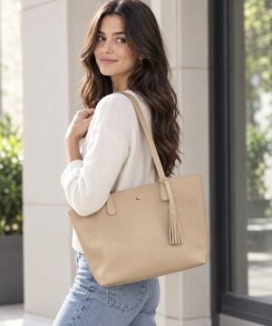 Hoxis Women’s Minimalist Vegan Leather Tote Handbag with Wallet Beige NWOT